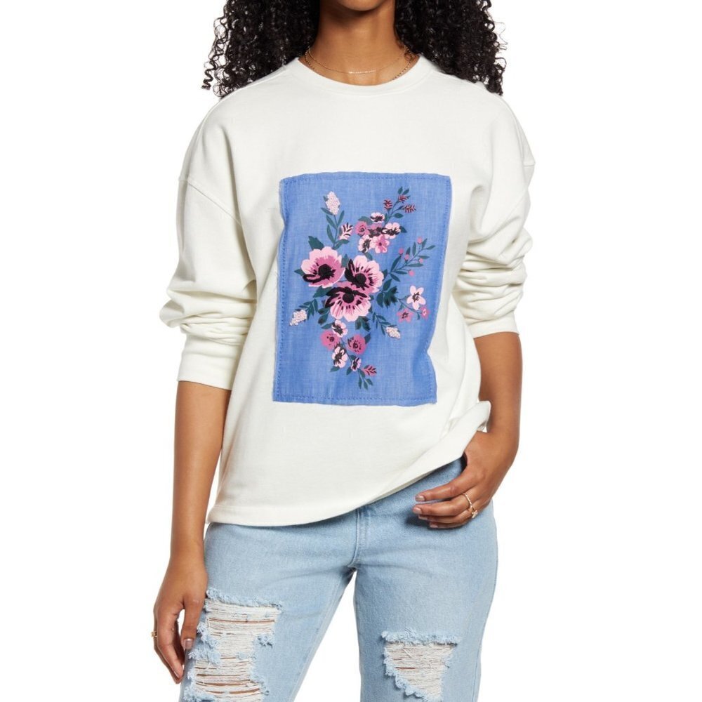 BP Womens Size Small Floral Print Oversize Crewneck‎ Sweatshirt in Ivory Bouquet